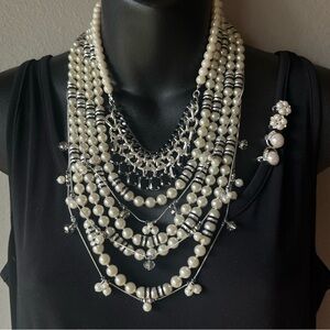 Silver, Black, Pearl, & Rhinstone Jewelry Lot- Necklaces, Clip-on Earrings